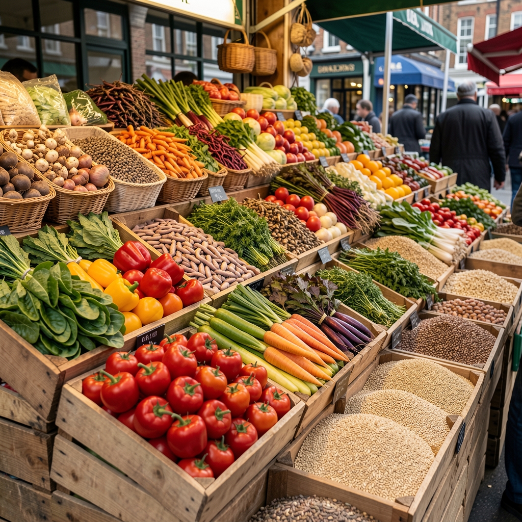 London market stall displaying colourful vegetables, beans, herbs and whole grains in wooden crates