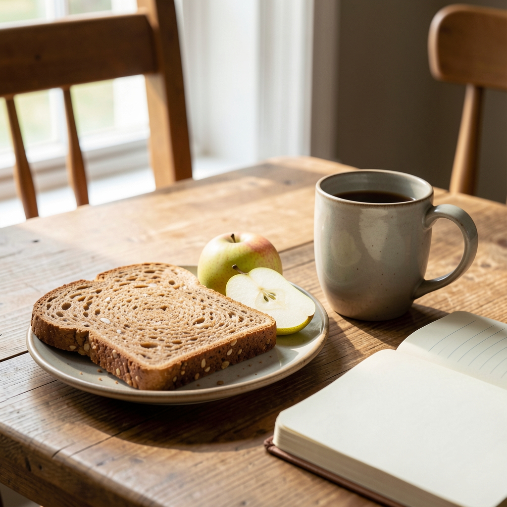 Quiet breakfast table with wholegrain toast, sliced pear and a ceramic mug beside a notebook in morning light