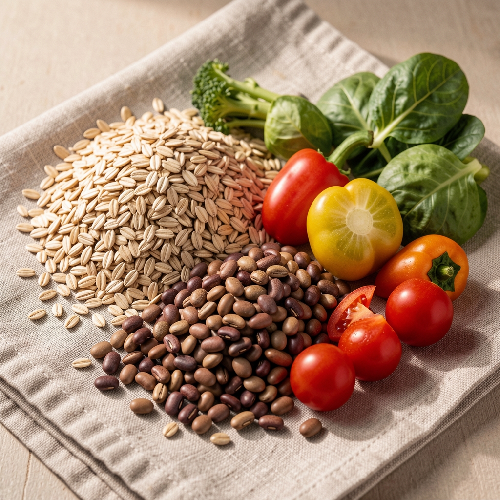 Oats, beans and vegetables arranged as fibre-rich ingredients on a linen cloth