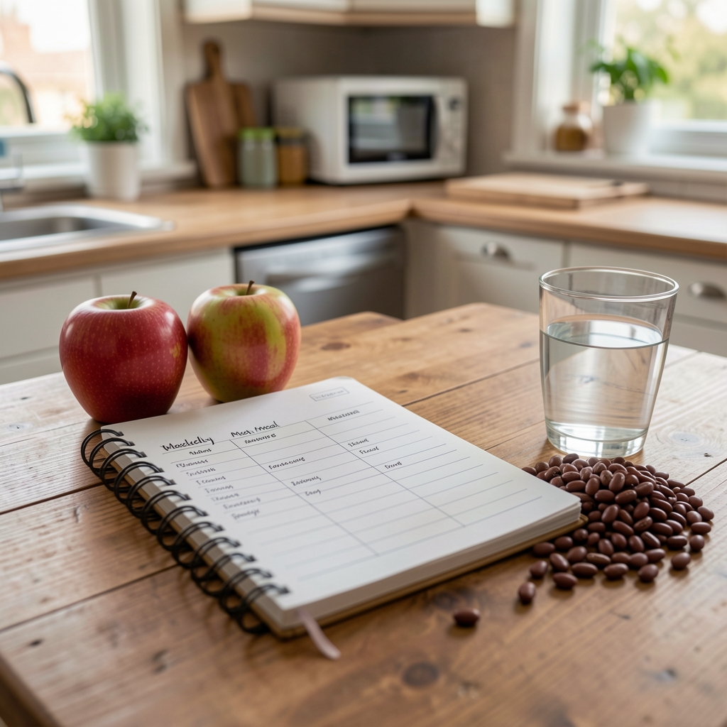 Notebook with a weekly meal plan beside apples, beans and a glass of water on a kitchen table