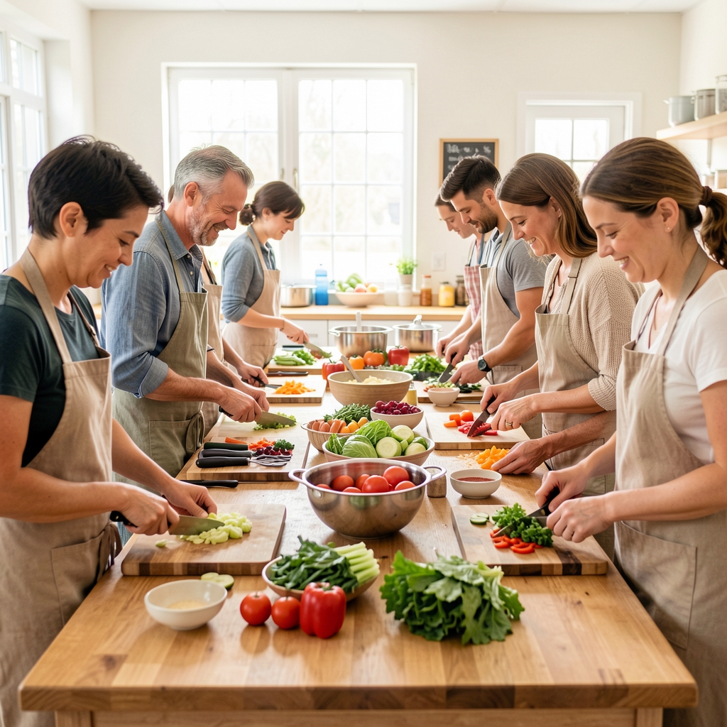 Bright community cooking workshop with adults preparing vegetables around a long table