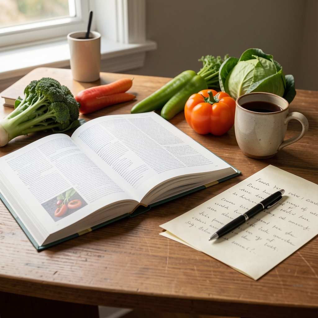Editorial desk with open guidebook, seasonal vegetables and handwritten notes beside a warm ceramic cup