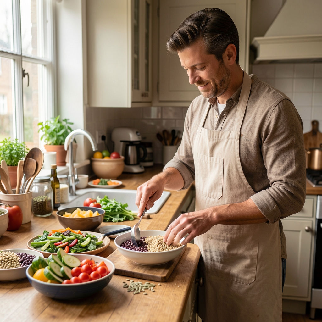Man preparing a colourful Mediterranean-style meal with vegetables, beans and whole grains in a softly lit London kitchen