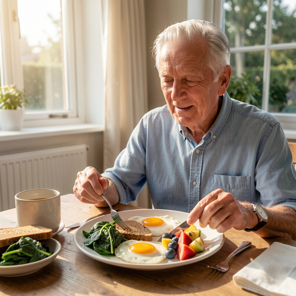 Older man enjoying a breakfast of eggs, wholegrain toast, spinach and fruit at a sunlit table